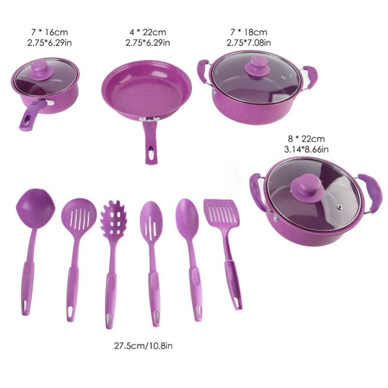 13PCS Nonstick Cookware Set Medical Stone Coating Ergonomic Handle Cooking Set With Milk Pot Soup Pot Frying Pan Stew Pot violetto