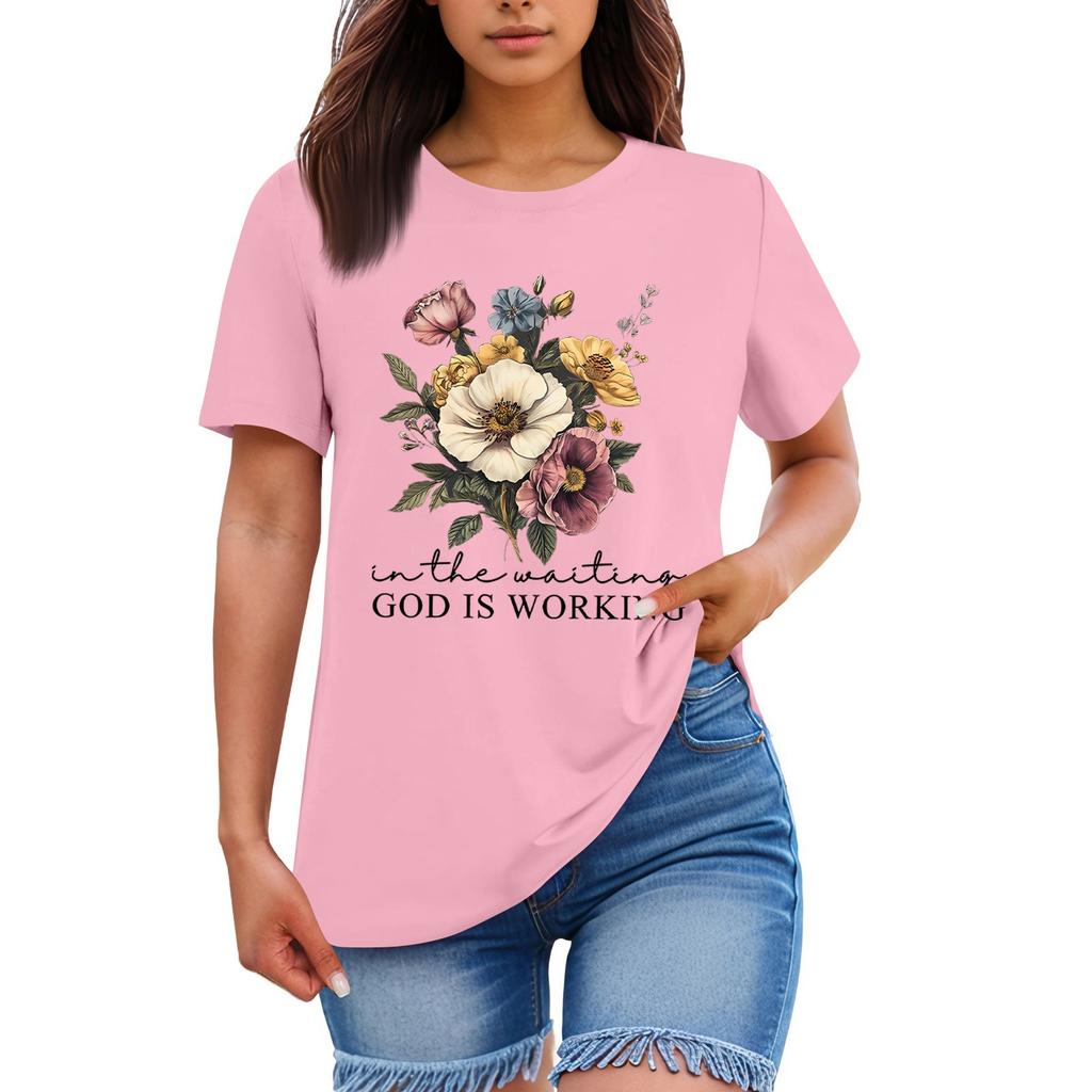 Ladies' Loose Comfortable Casual Fashionable Plant Flower Printed Round Neck Short Sleeved Shirt