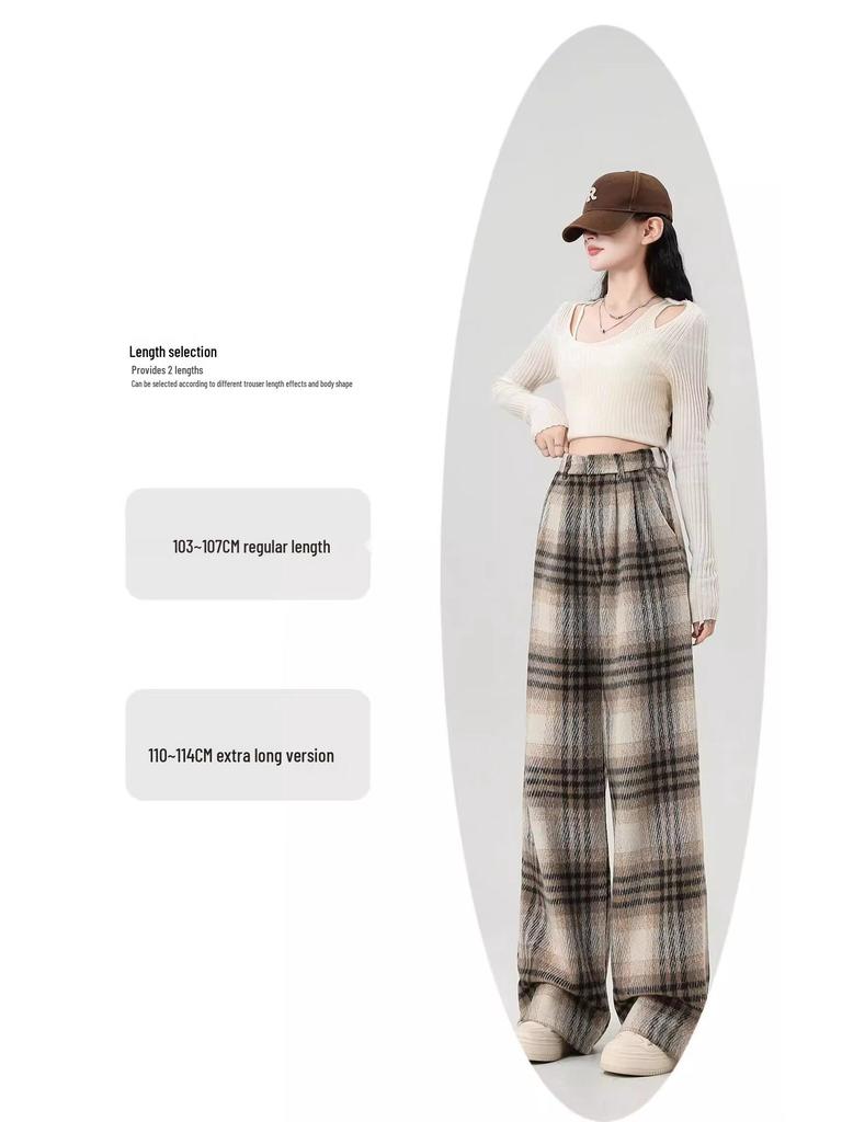 Women's Retro Black & White Plaid Wool Blend Wide-Leg Pants: Fleece-Lined, Thickened, Loose Fit for Autumn/Winter Casual Style.