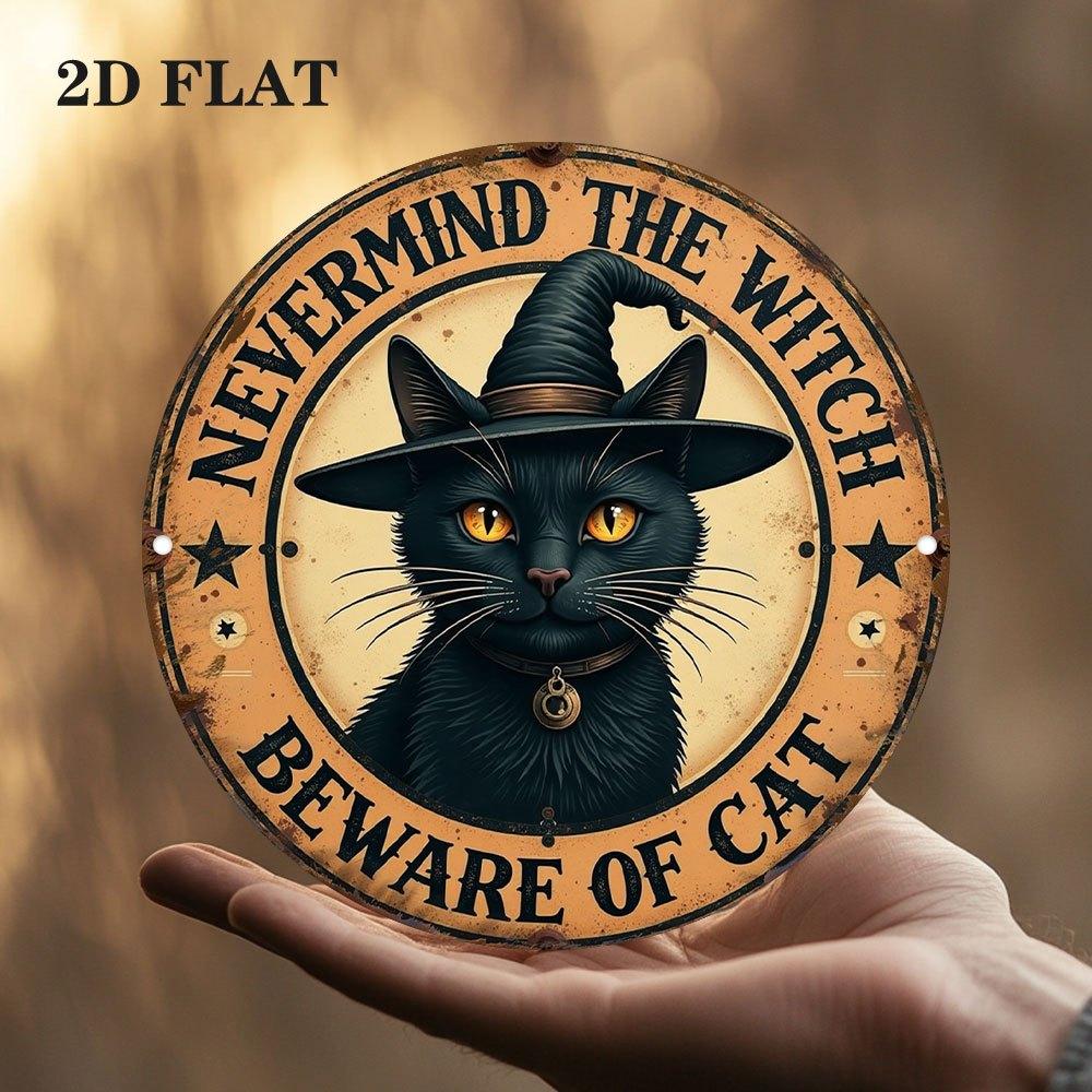 Vintage Cat Witch Metal Sign Black Cat Round Wall Decor for Home Office