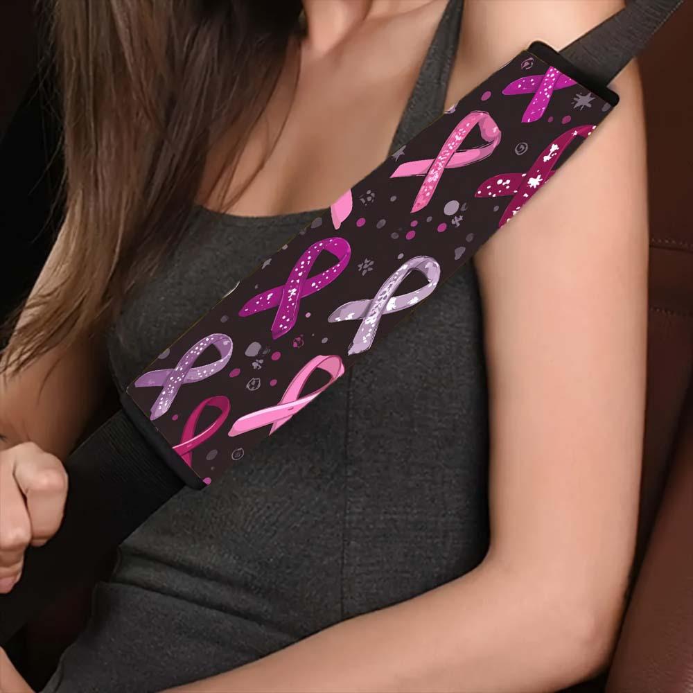 

2pc Pink Breast Cancer Awareness Car Seat Belt Cover - Pink Ribbon Design with Glittery Stars, Fits All Seasons