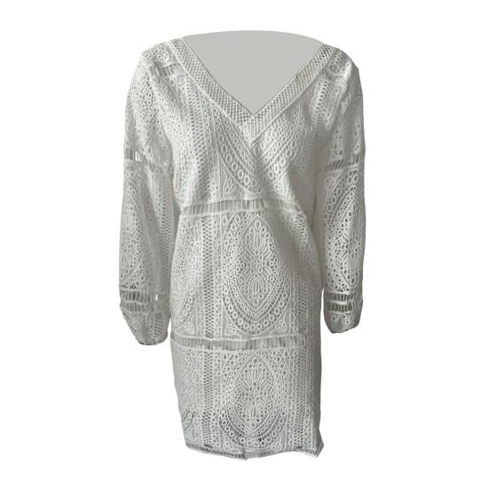 Γυναικείο εξοχικό φόρεμα σε σχήμα V με πλάτη με κούφια εξώπλατη κάλυψη με φαρδιά μακρυμάνικη φούντα Γυναικείο μίνι γιορτινό φόρεμα με λαιμόκοψη V