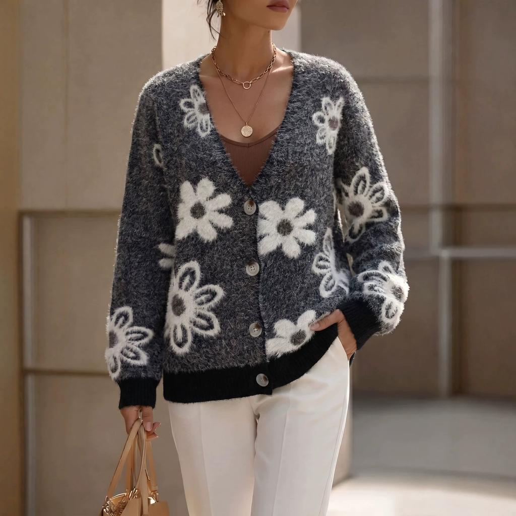 V Neck Long Sleeve Flower Pattern Knit Cardigan Sweater