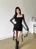 Ruffled Square Neck Slimming Long Sleeve Mesh Top for Women - Sexy Pure Desire Style
