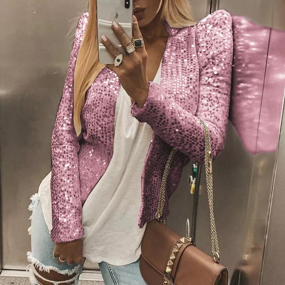 Women Fashion Long Sleeve Crop Top Blazer Casual Open Front Sequin Bolero Shrug Coat Female Jacket Cardigan O-Neck Ladies Evening Party Outerwear