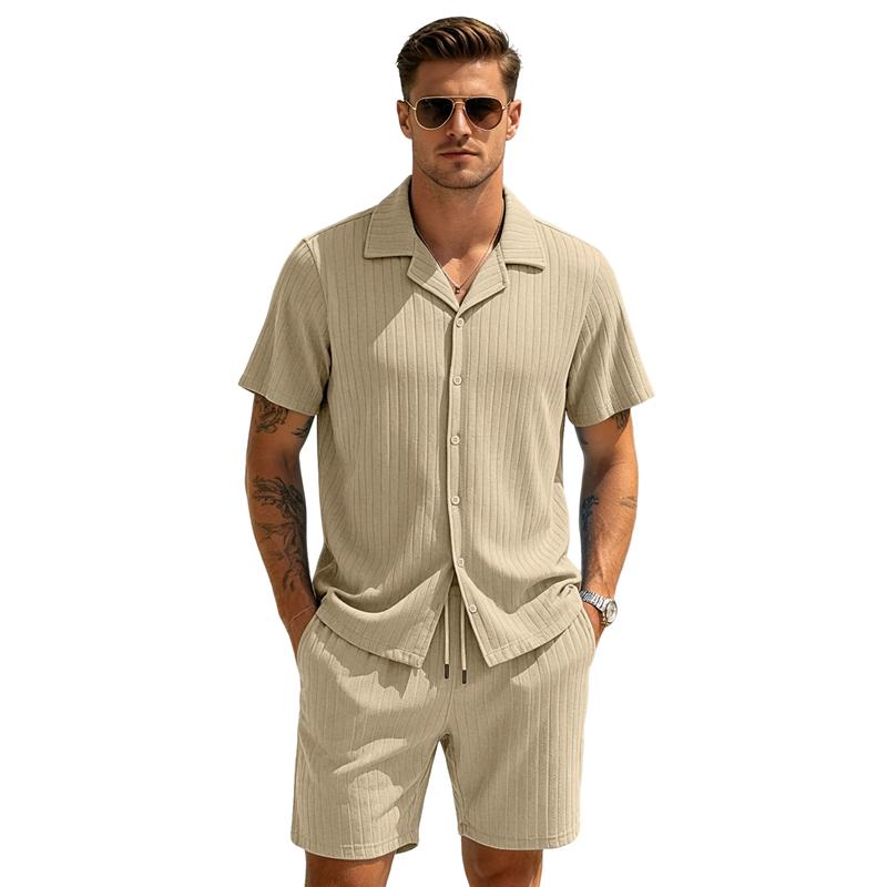 Set da Spiaggia Estivi da Uomo Tuta Casual da Strada Set Due Pezzi per Sport all'Aperto Camicia a Bottoni Liscia Pantaloncini con Coulisse Abbigliamento Sportivo