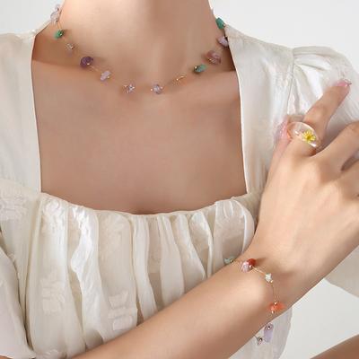 Mori Bunte Naturstein Anhänger Halskette Armband Ethnischer Stil Accessoires Titanstahl Vergoldete Kette Modeschmuck Set