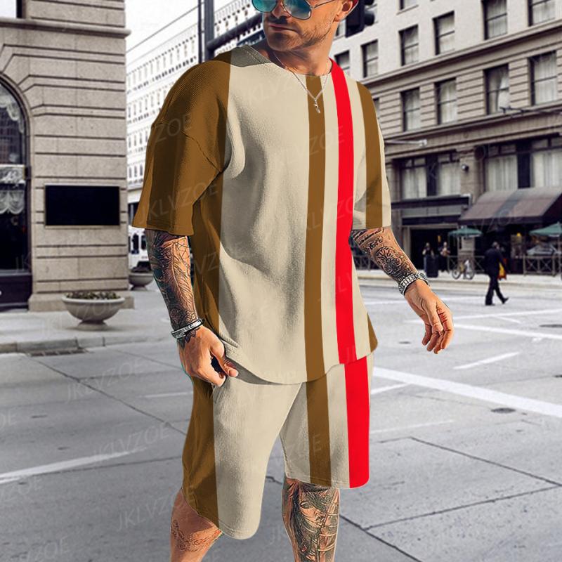 Tendință la modă de vară, costum pentru bărbați, cu model în dungi, imprimat 3D, trening pentru jogging, set de tricouri cu mânecă scurtă, haine de stradă pentru bărbați