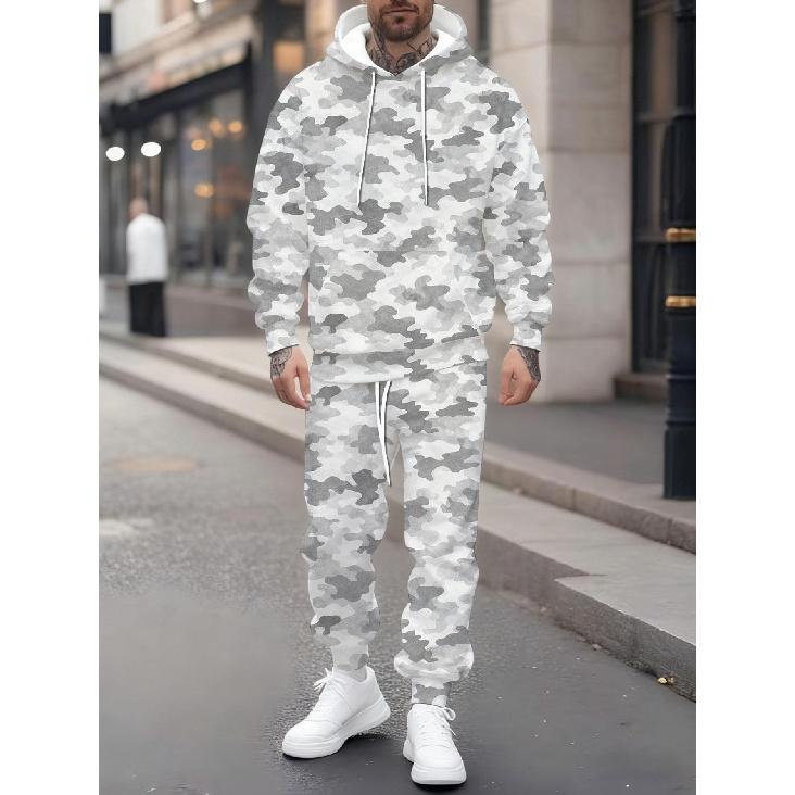 Fashion Casual Autumn Winter Men'S Set Camouflage 3D Print Long Sleeve Hooded Sweatshirt And Pants Two Piece Set Military Streetwear Style Suitable