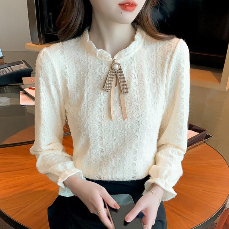 Women's Autumn/Winter Lace Half-High Neck Shirt with Velvet - 2023 Trendy Innerwear Fashion Top