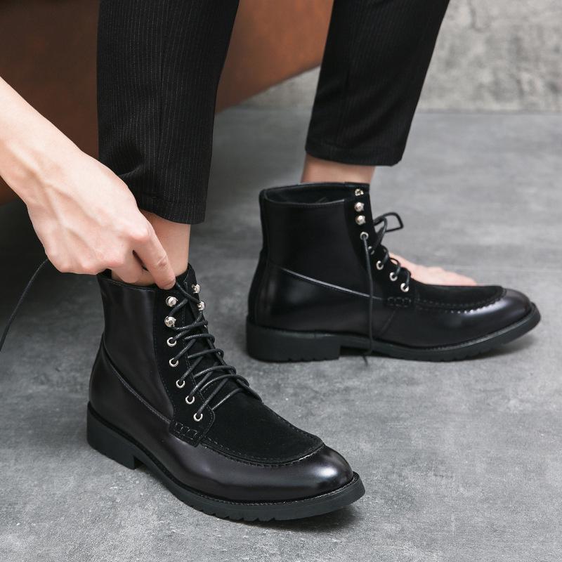 Plus Size Men's High-Top Lace-Up Patchwork Casual Leather Work Boots