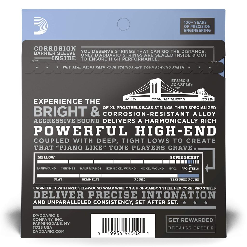 D'Addario ProSteel Long Scale 5-String Bass Strings .045-.135 EPS165-5 [Domestic Genuine Product]