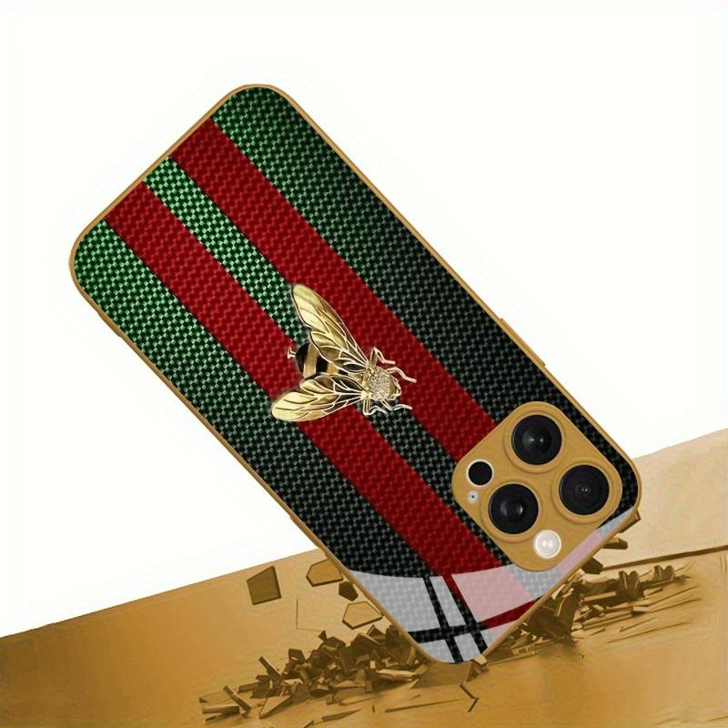 Red Green Striped Golden Bee Gold Metallic Paint Glass Phone Case For iPhone 17 Pro Max 11 12 13 14 15 16 Plus 17Air 16E Cover