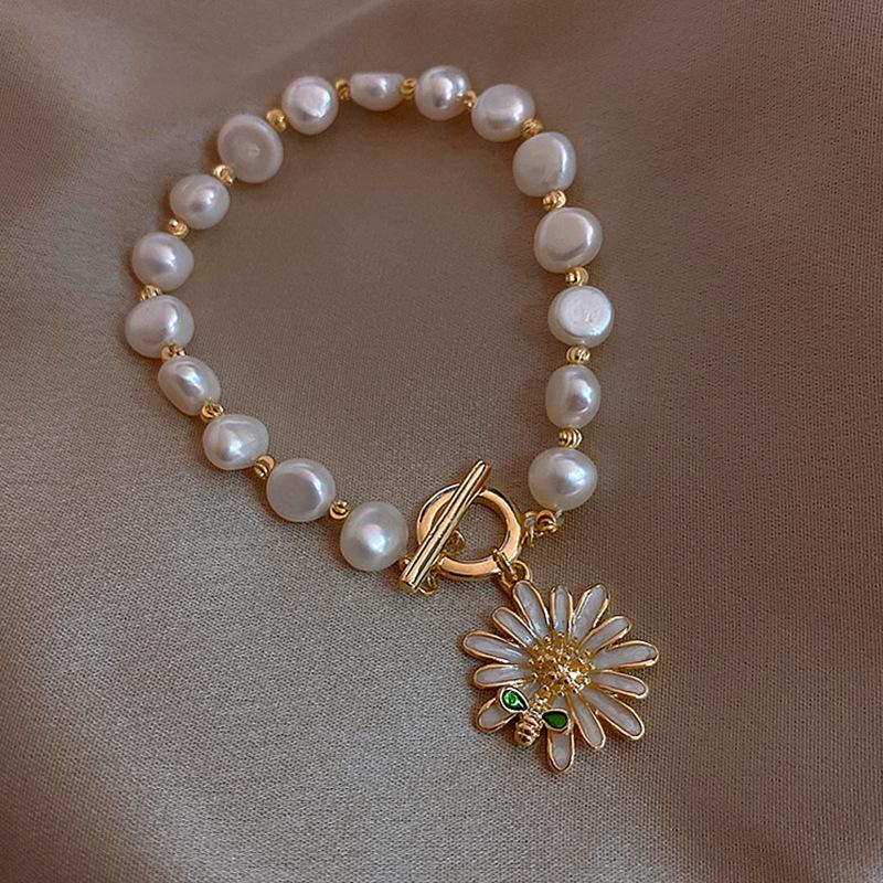 Sweet Honeybee & Chrysanthemum Natural Freshwater Baroque Pearl 14K Gold Filled Female Charm Bracelet  For Women Gifts