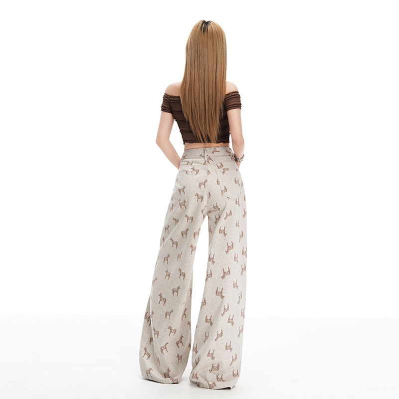 Spring Summer Small Horse Embroidery High Waist Slim Loose Wide Leg Trendy Denim Long Trousers Female Casual Pants Oversize Denim Trousers