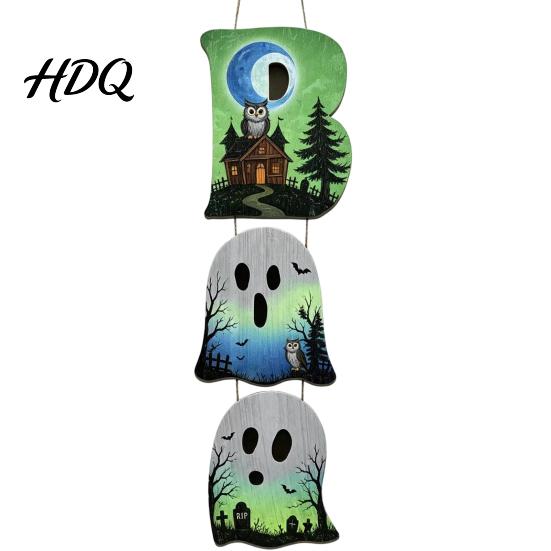 Layered Hanging Seasonal Ornament Halloween Wooden BOO Sign Creative Letter Pendants Vintage Ghost Pumpkin Black Cat