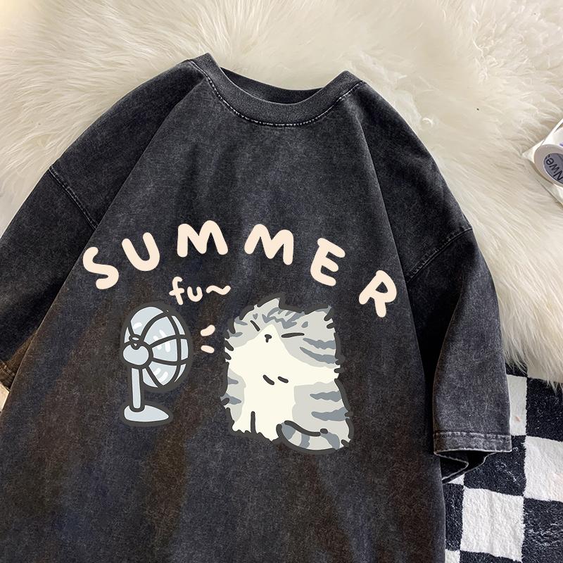 American Street Creative Blow Fan Cat Pure Cotton T-shirt Men Women Summer Relaxed Short Sleeve Couple Vintage Water Washing Top