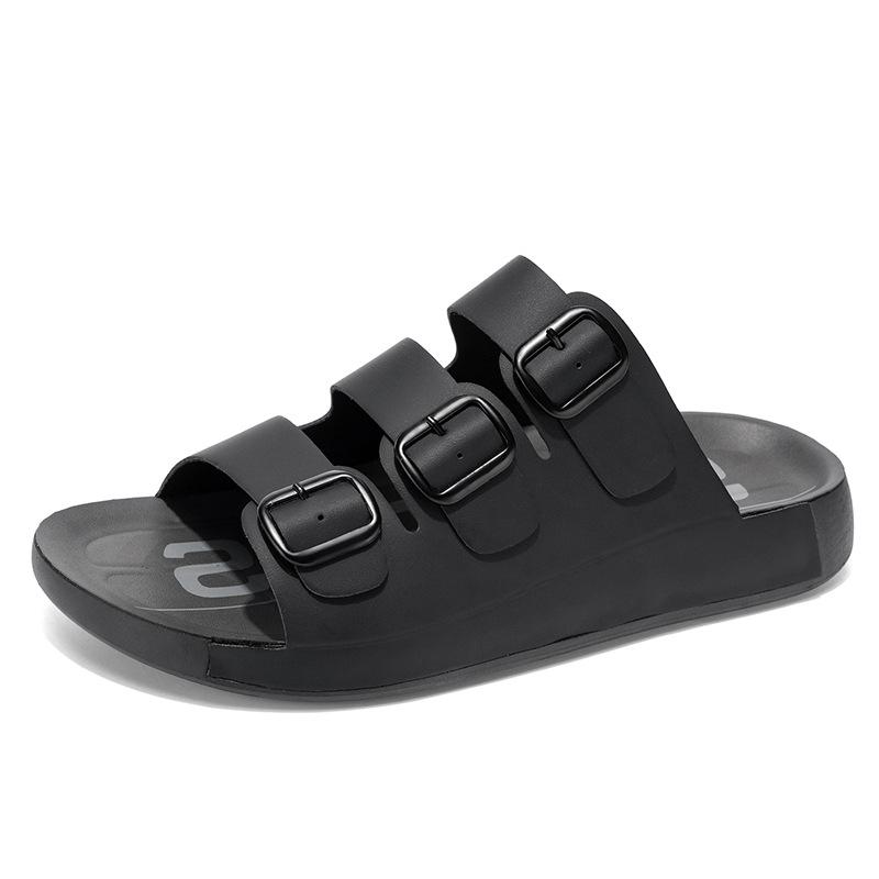 

Large size men s open-toed foot cover flat bottom one-word drag outdoor indoor two wear casual slippers solid color beach shoes 38