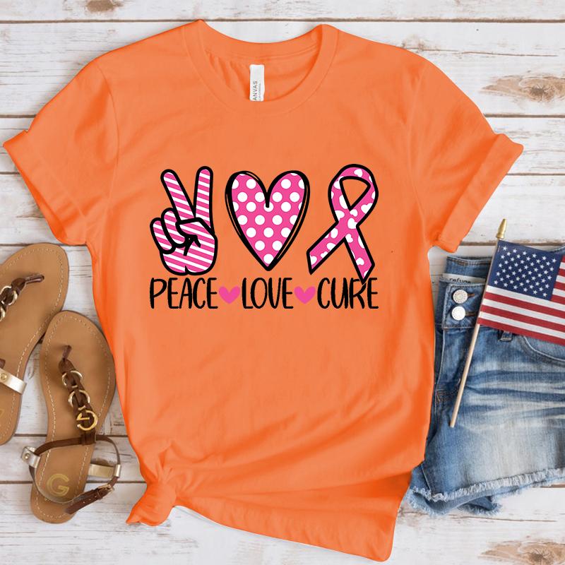 

New Funny Breast Cancer Awareness Peace Love Cure T Shirt Unisex Short Sleeve O Neck Summer Casual Letter Printing T-Shirt Top 4XL