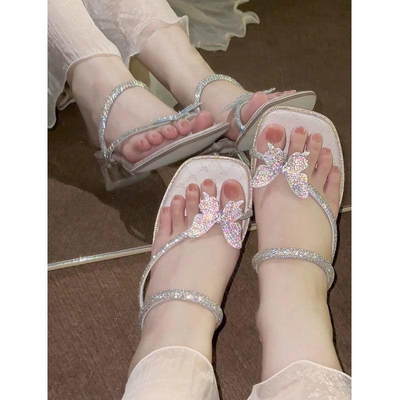 With skirt rhinestone one-word sandals 2025 new summer outer wear cover toe middle heel slippers women's butterfly thick heel sandals