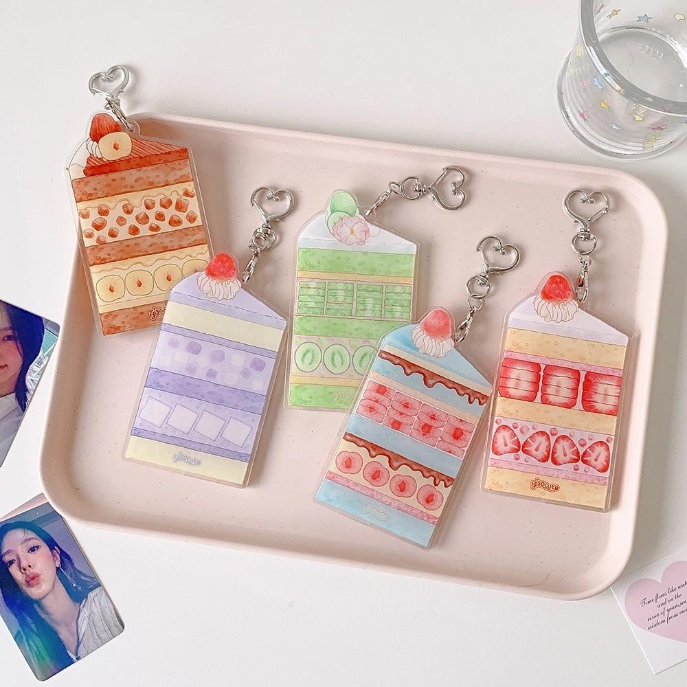 Acrylic Kpop Photocard Holder Keychain Cake Dessert Shape Transparent Campus Card Protective Case 3 Inch