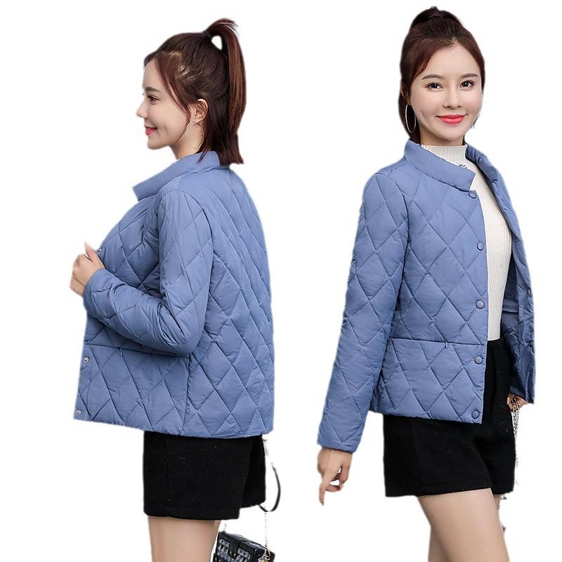 Women's Standing Collar Slim Warm Jacket Zipper Diamond Check Jacket
