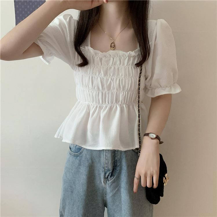 Summer New Korean Version Design Sense Niche Bubble Sleeves Waist Square Collar Short T-shirt Women