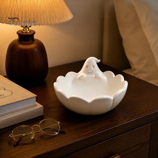 Trendy Desk Accessories Ghost Petal Tray, 3D Printed Cute Spooky Organizer for Small Vanity Items, Cartoon Jewelry Ring And Earring Holder,