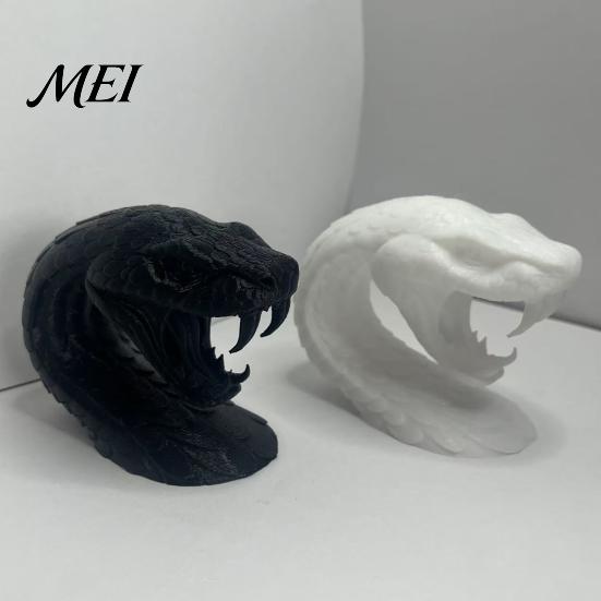 Black or White Decor 3D Printed Snake Head Ornament, Desk Sculpture with Sharp Teeth, Figurine Realistic Animal for Halloween Home Living Room