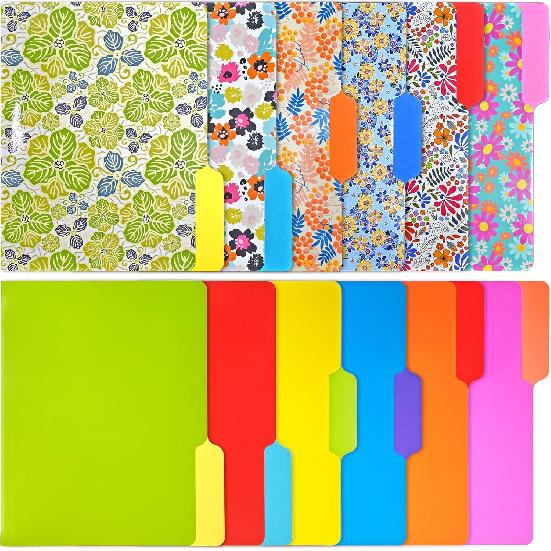 WOT I Decorative File Folders 12Packs, Colored File folders with 6 Cute Floral Design and 6 Solid Vibrant Colors, Two-Tone File Folders Letter Size,