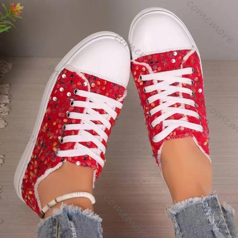 Comemore Large Size Women's Single Shoes Spring Autumn New Sneakers Round Head Flat Bottom Lace Up Sequins Casual Shoes