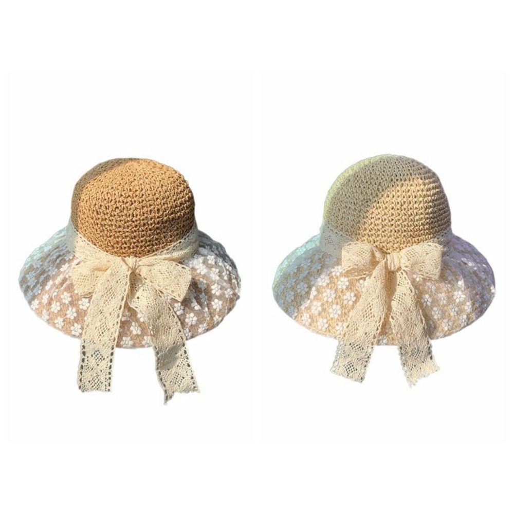 Lace Bow Straw Hat Crochet Beach Fisherman Hat Elegant Sunscreen Bucket Hat  Summer