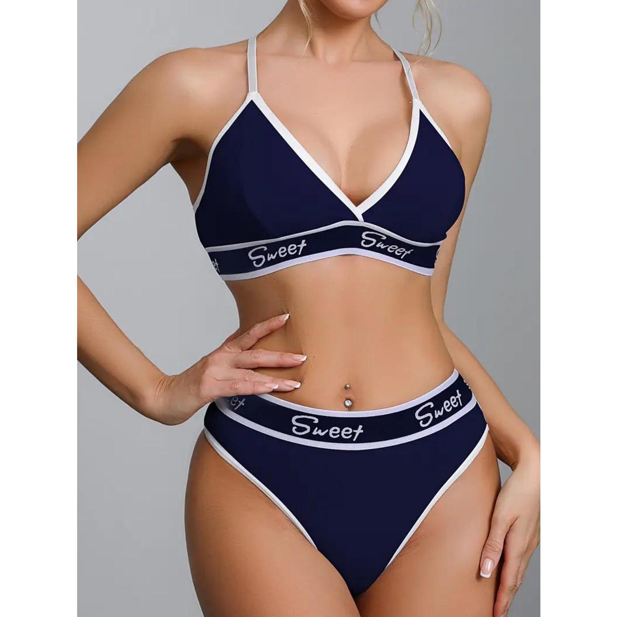 

1 комплект контрастного треугольного бюстгальтера и трусиков, удобный и дышащий XL тёмно-синий