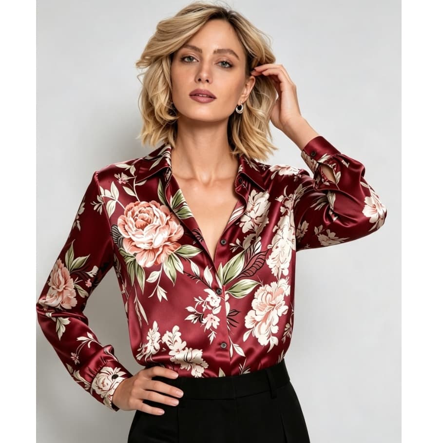 Women's Satin Floral Print Long Sleeve Shirt Lapel Collar Elegant Daily Blouse
