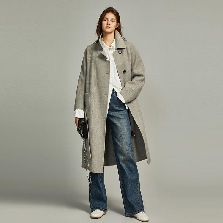 ELLE Solid Color Lapel Single-Breasted Mid-Length Long Sleeve Coat Women Coats Gray EN36131