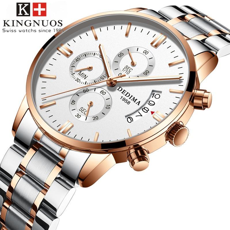 

KINGNUOS Мужские часы с кнопочным бабочкой и твердым стальным ремешком, водонепроницаемые кварцевые часы со стеклом с покрытием, светящиеся, 3 глаза, 6 рук