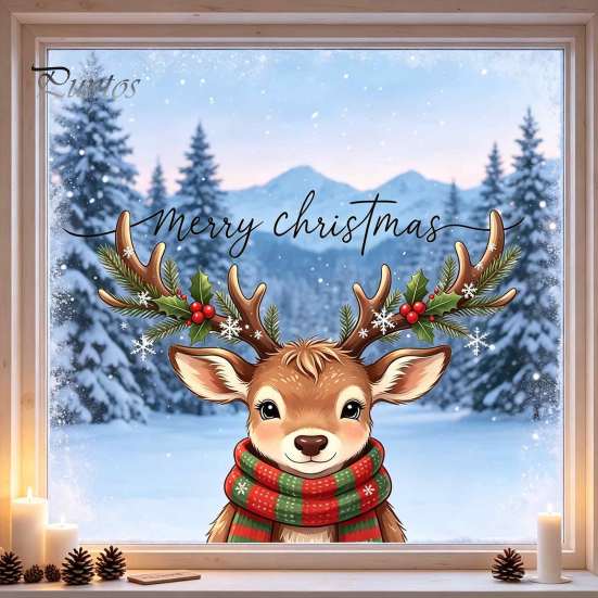 Removable Static Window Film Christmas Reindeer Stickers, PVC Waterproof Elk Cling for Holiday Gifts Friends Home Decoration, Cute Deer Wall