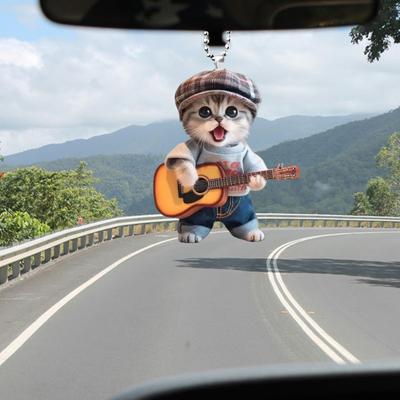 Niedliche Gitarrenkatze im Auto, hängendes Ornament, Rückspiegel-Anhänger, charmantes flaches Acryl-Auto-Innenzubehör