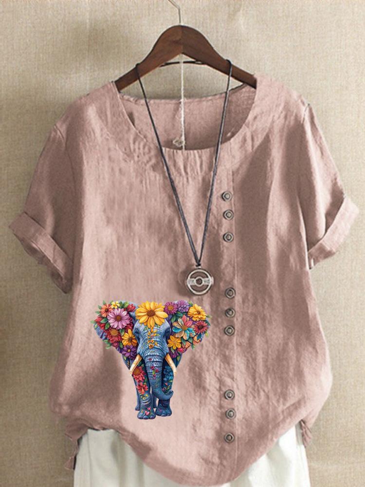 Women's Fashion Flower Elephant Print Round Neck Short Sleeve T-shirt Casual Cotton Linen Graphic Shirt Leisure Loose Summer Blouse Tops
