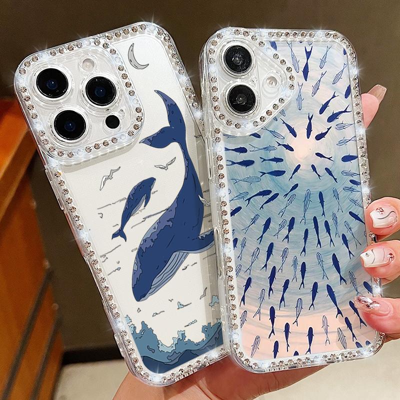 Diamond Frame Clear Phone Case For iPhone 16E 16 Pro Max 15 Pro 14 13 12 11 Whale Turtle Pattern Soft Silicone Shockproof Cover