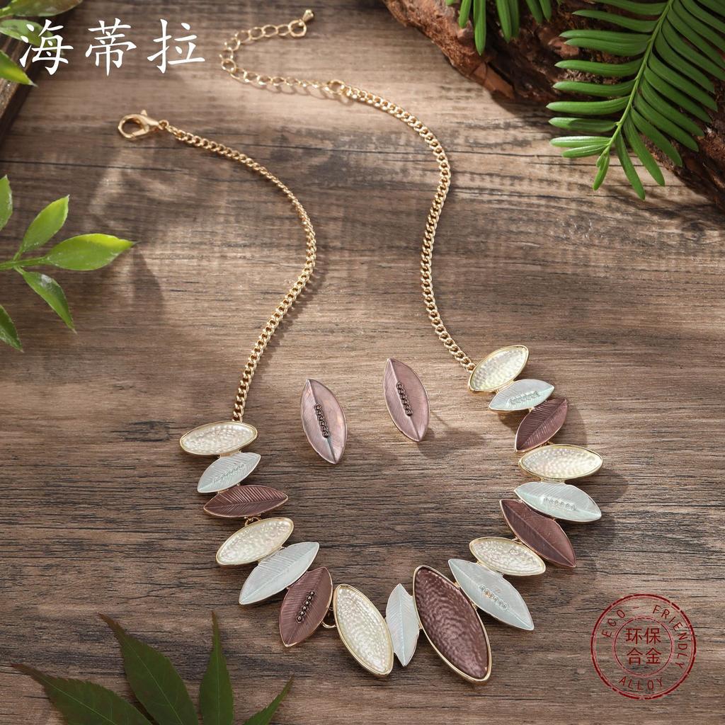 New Color Painting Olive Leaf Stud Earrings Necklace Set, Small Fresh Women's Versatile Neck Chain