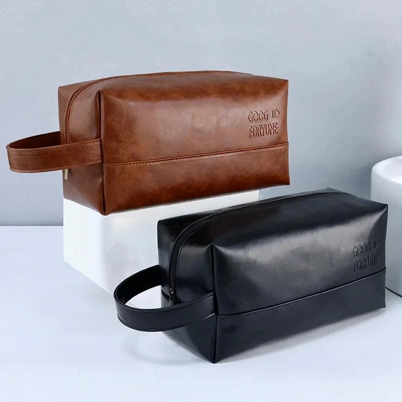 Mens Business Travel Bag Zipper Makeup Bags PU Leather Travel Toiletry Bag Cosmetics Organizer Storage Pouch Large Capacity