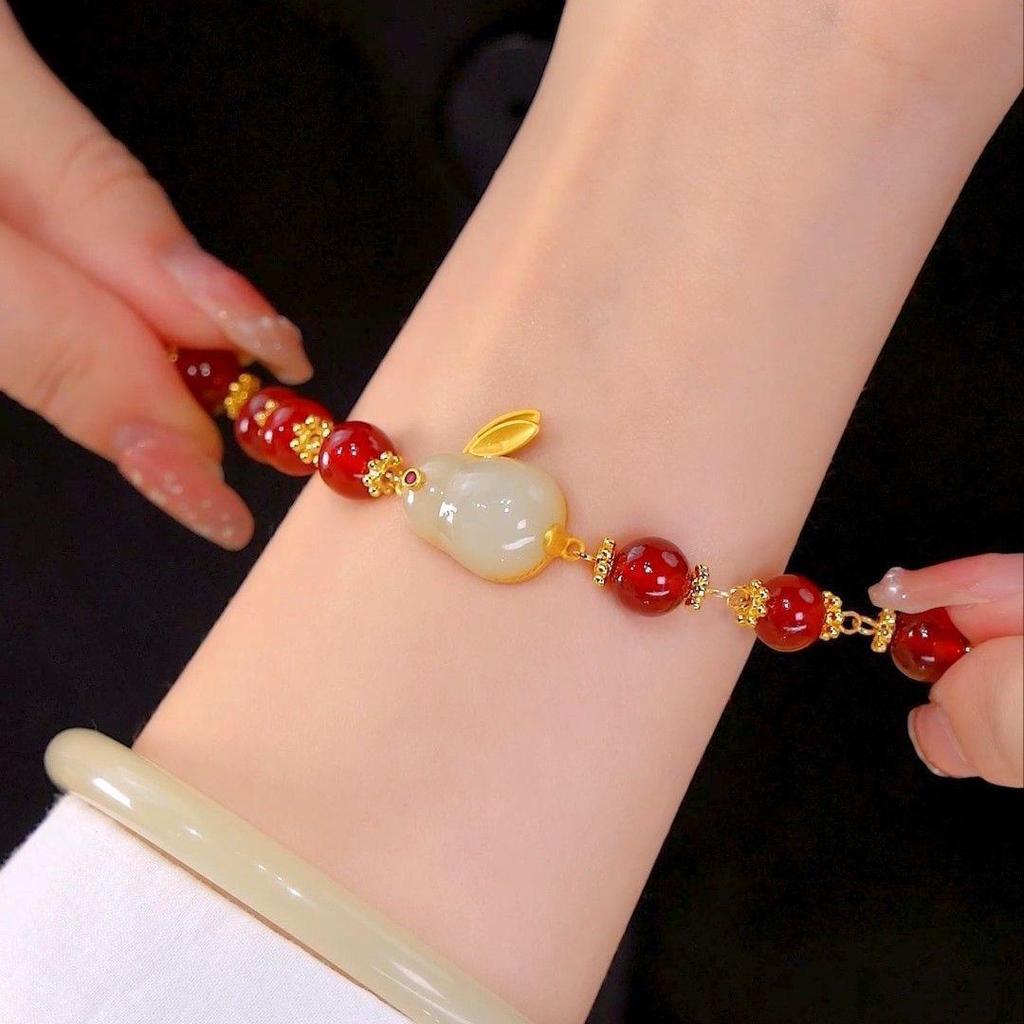 Clearance: Nafu Jade Rabbit Zodiac Bracelet - Ancient Style Red Agate Hand Rope Gift for Women