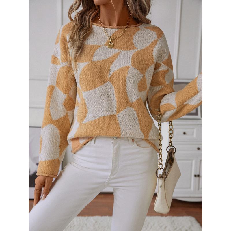 Women S Crew Neck Pullover Knit Sweater Geometric Pattern Basic Wear