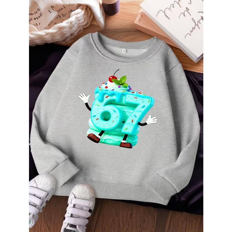 Unisex Kids Crewneck Sweatshirt For Over 4 Years Old Boys Girls Cute Mint Ice Cream Number 67 Cartoon Print Red Long Sleeve Pullover For 4-12 Kids