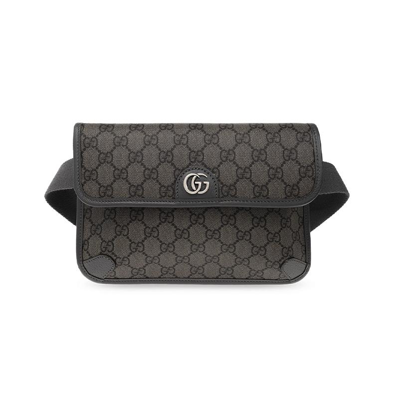 Gucci Ophidia Series Old Double G Logo Snap Closure Canvas and Leather Chest Bag One Shoulder Crossbody Waist Bag Small Women's Gray/Black