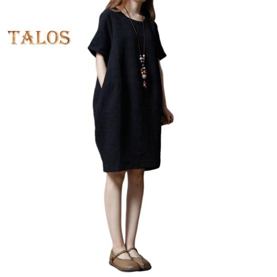 Lady Summer Dress O Neck Short Sleeves Pure Color Loose Side Pockets Knee Length Pullover Casual Commute Midi Dress