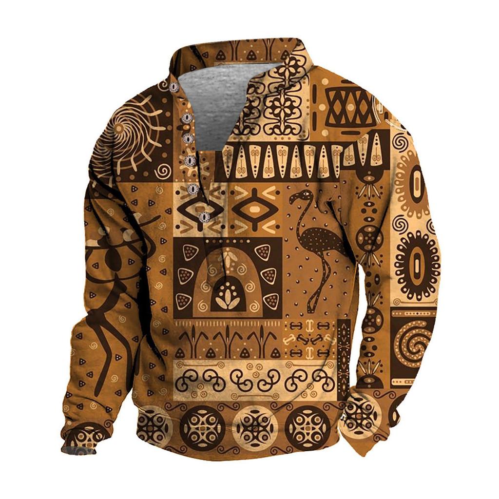 Pullover mit V-Ausschnitt für Herren, 3D-Digitaldruck, Stehkragen, 6 Knöpfe, Vintage-Kragen