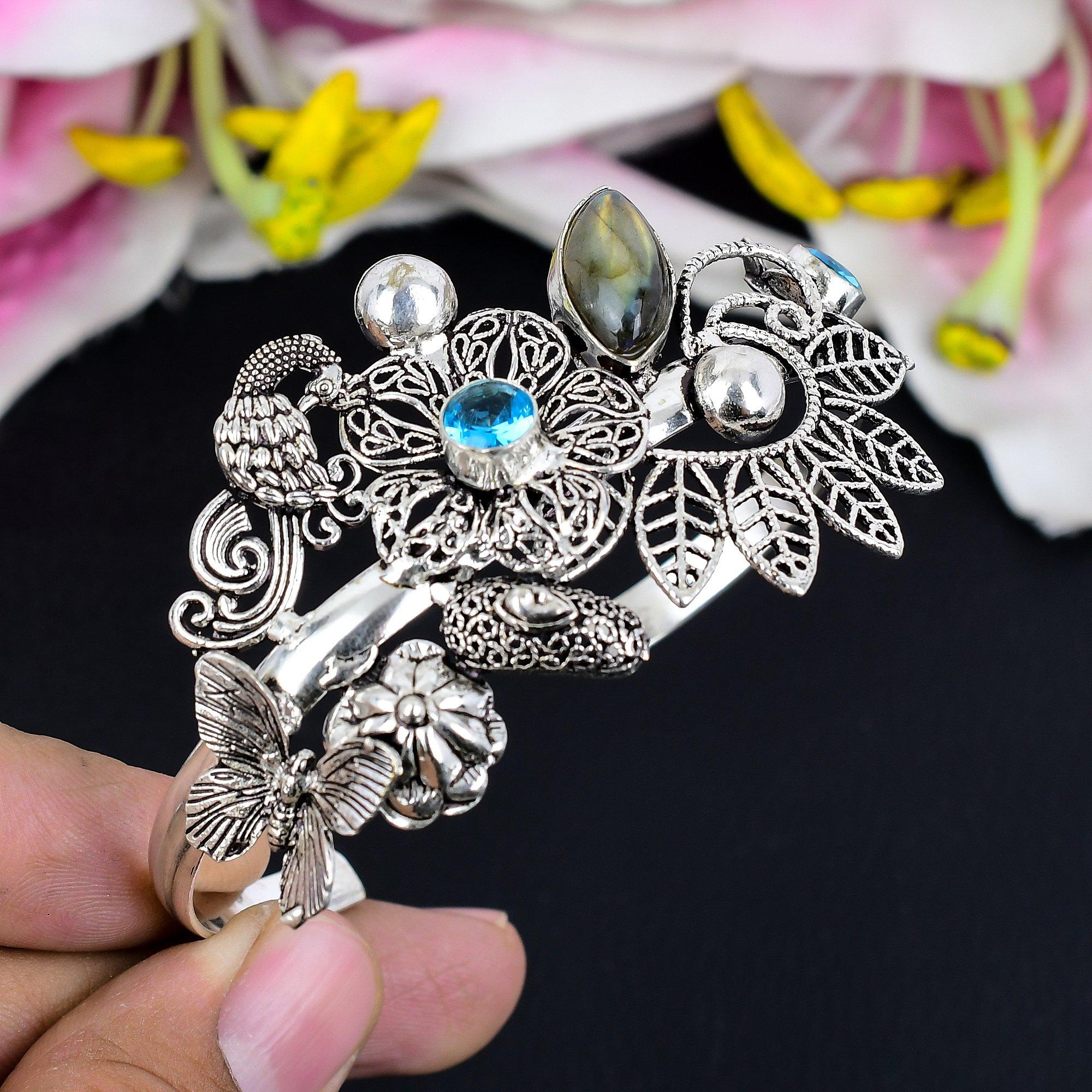 

Labradorite, Blue Topaz Gemstone 925 Sterling Silver Cuff Bangle Adjustable KG-1883