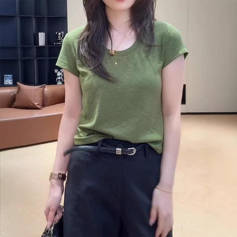 Premium green u-neck front shoulder short-sleeved t-shirt women's summer slim-fitting and thin small versatile t-shirt top Korea